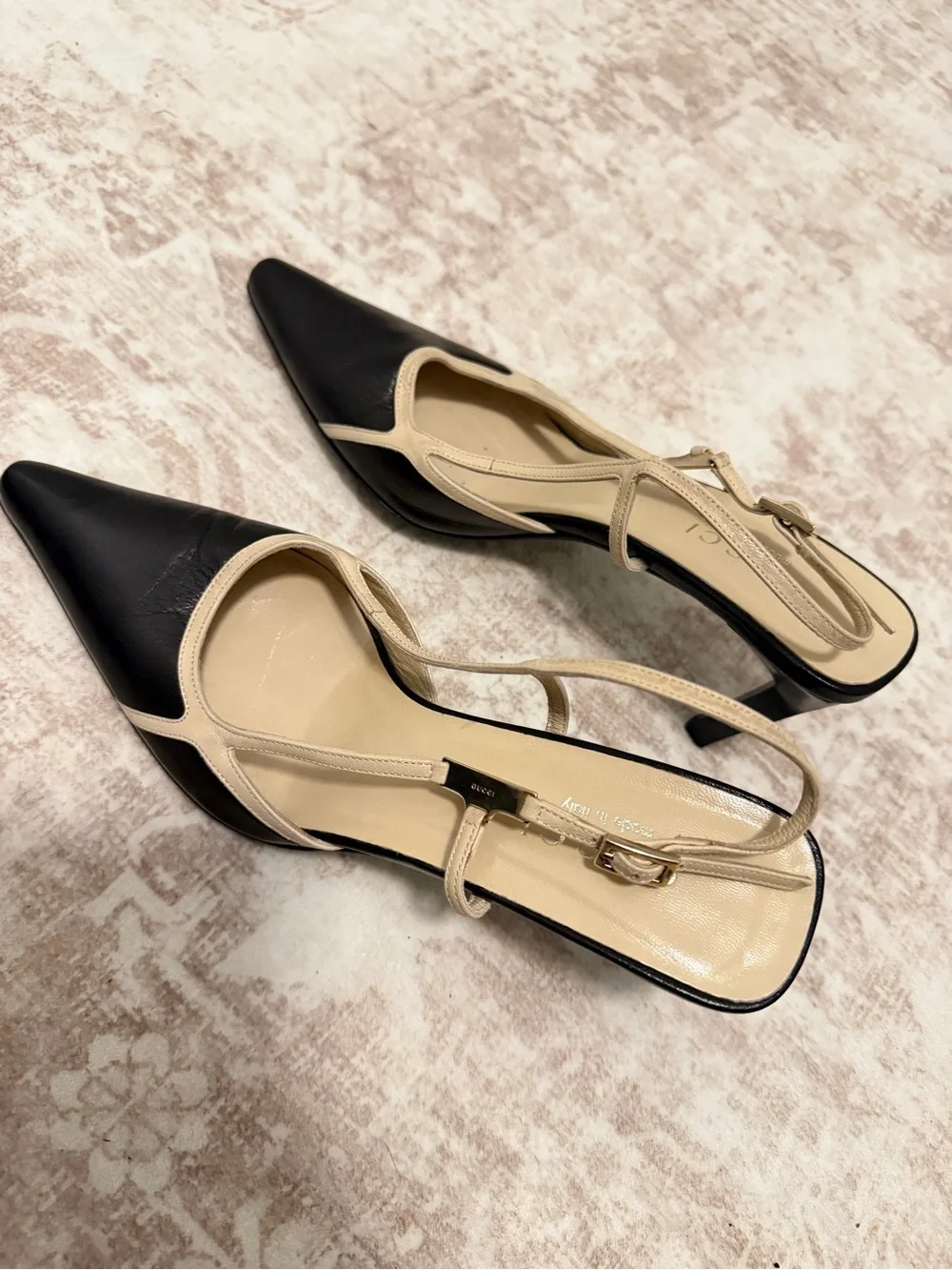 Gucci Black and Beige Pointed Toe Slingback Pumps